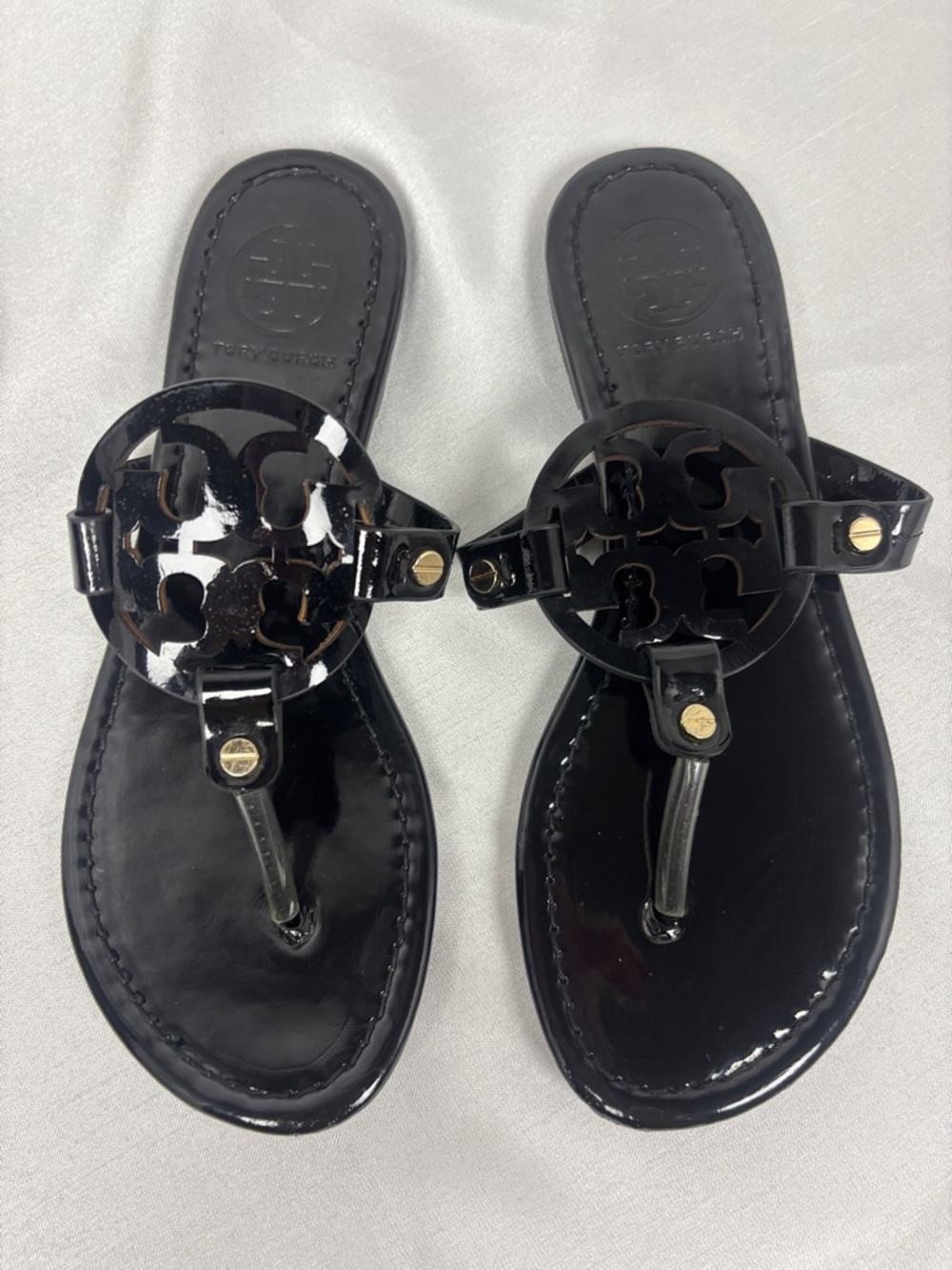 Tory Burch Black Patent Logo Thong Sandals